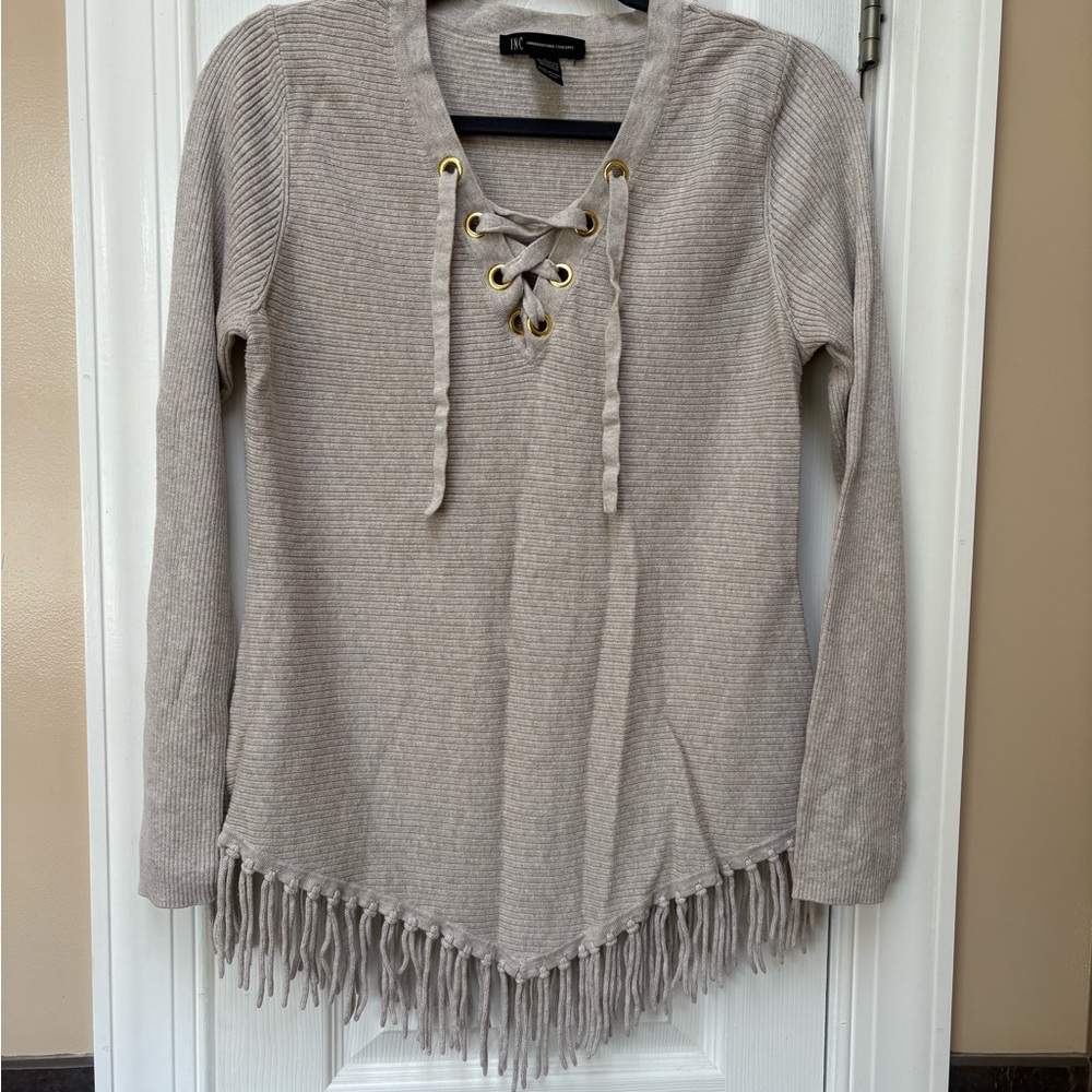 INC International Concepts Taupe Lace-Up V-Neck Sweater